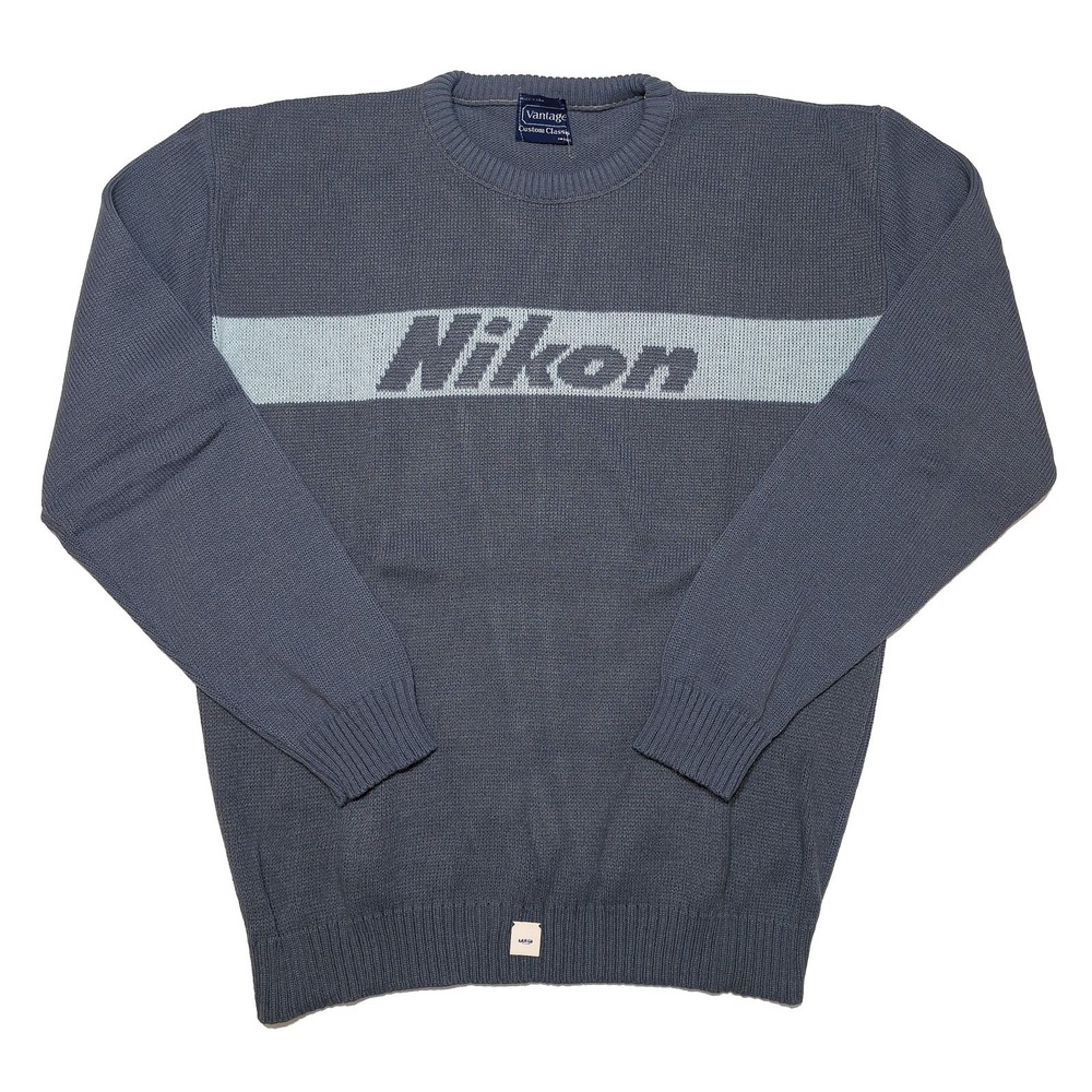 Vantage Nikon Camera Sweater Mens Large Blue New Vintage 1980s Knit USA Made
